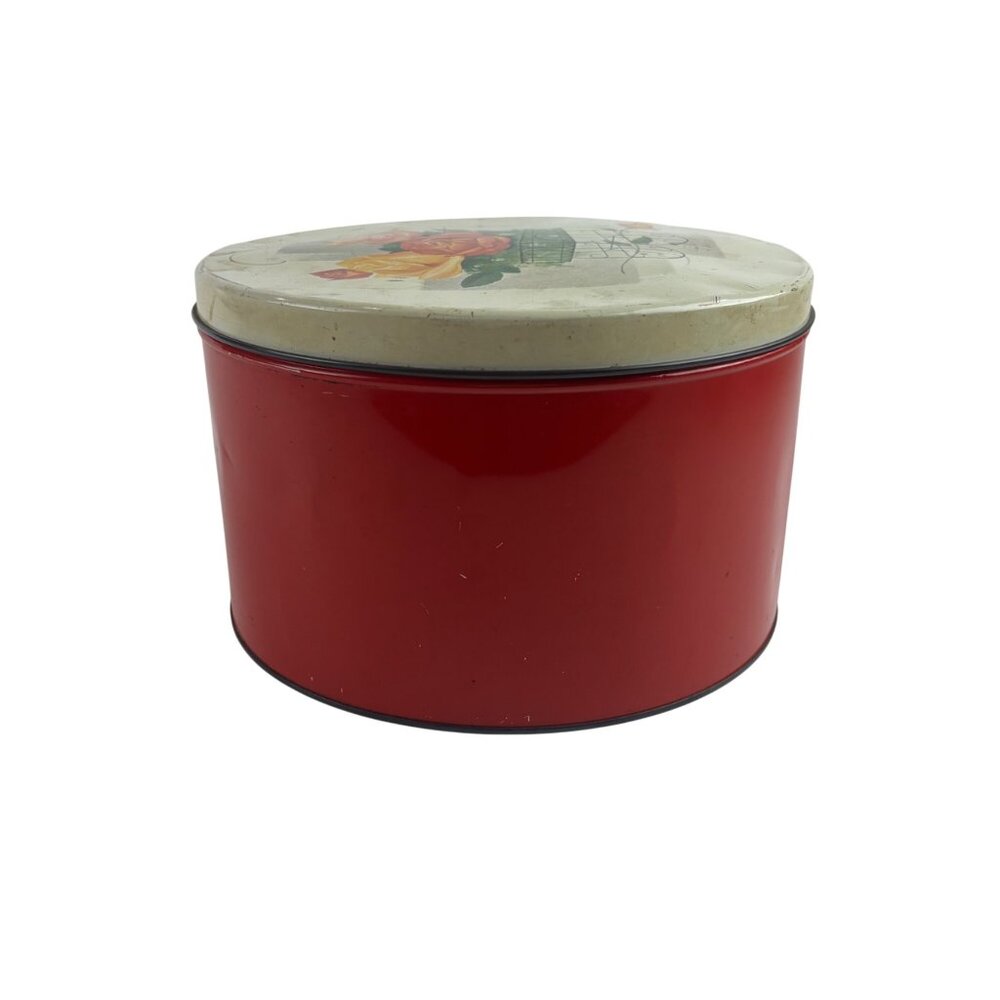 Vintage 50s Metal Tin Round Floral Cart Of Roses Decorative Storage Container - Picture 8 of 14